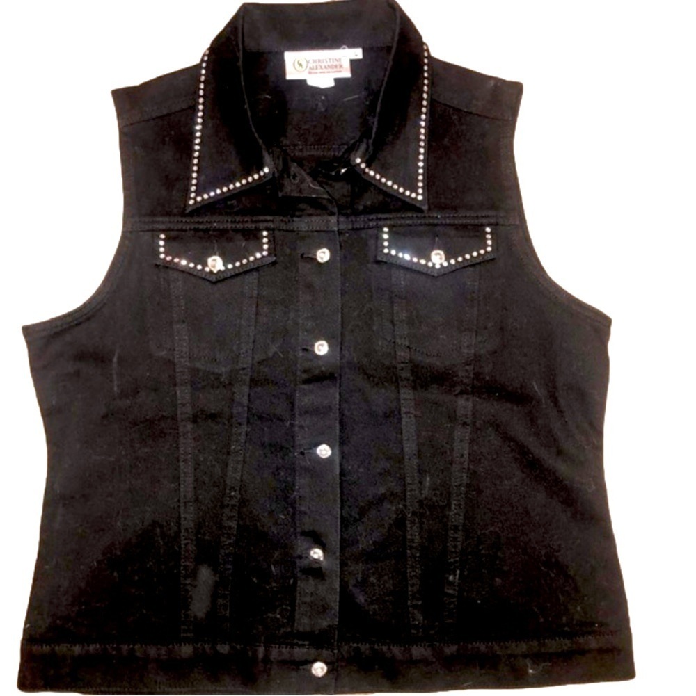 VINTAGE Christine Alexander Black Denim Vest w Crystal Collar & Bling Buttons L